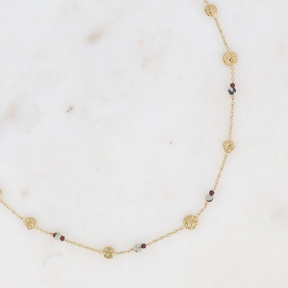 Halskette - strukturierte runde Quasten, Rocailles-Perlen, kleine Natursteine