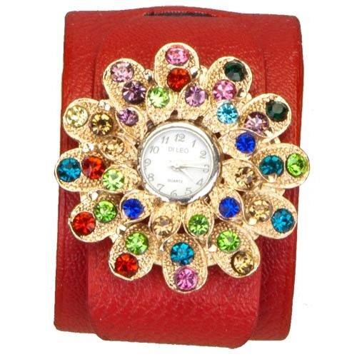 Orologio da donna DI LEO Sole, rosso con pietre colorate, senza controllo della batteria!
