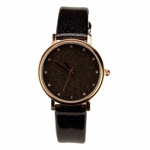 Orologio da polso con effetto glitter, nero/rosa, senza controllo della batteria!