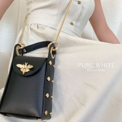 Minibolso de piel auténtica italiana con forma de abeja y correa de cadena dorada