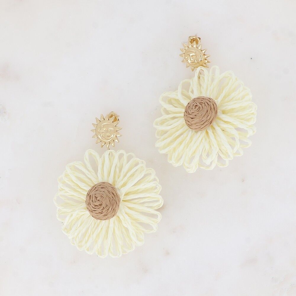 Boucles pendantes - pièce éclipse avec fleur en raphia synthétique