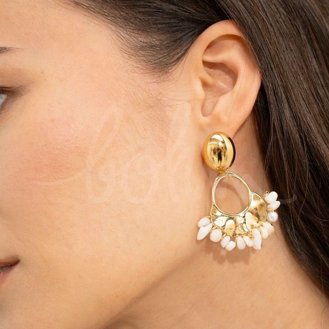 Dangling earrings - oval ball and openwork piece with natural stones, white resin