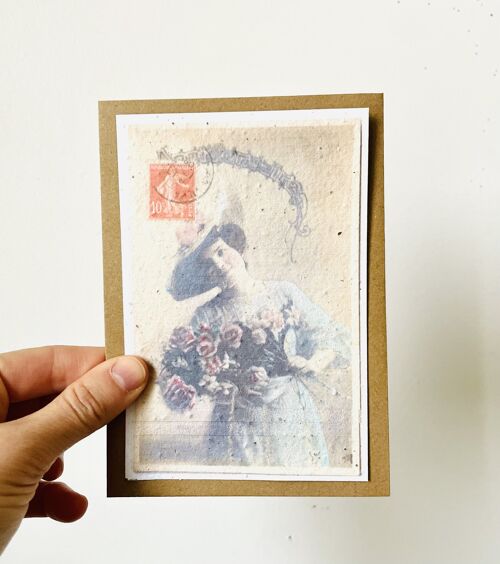 Carte à planter vintage Femme au bouquet