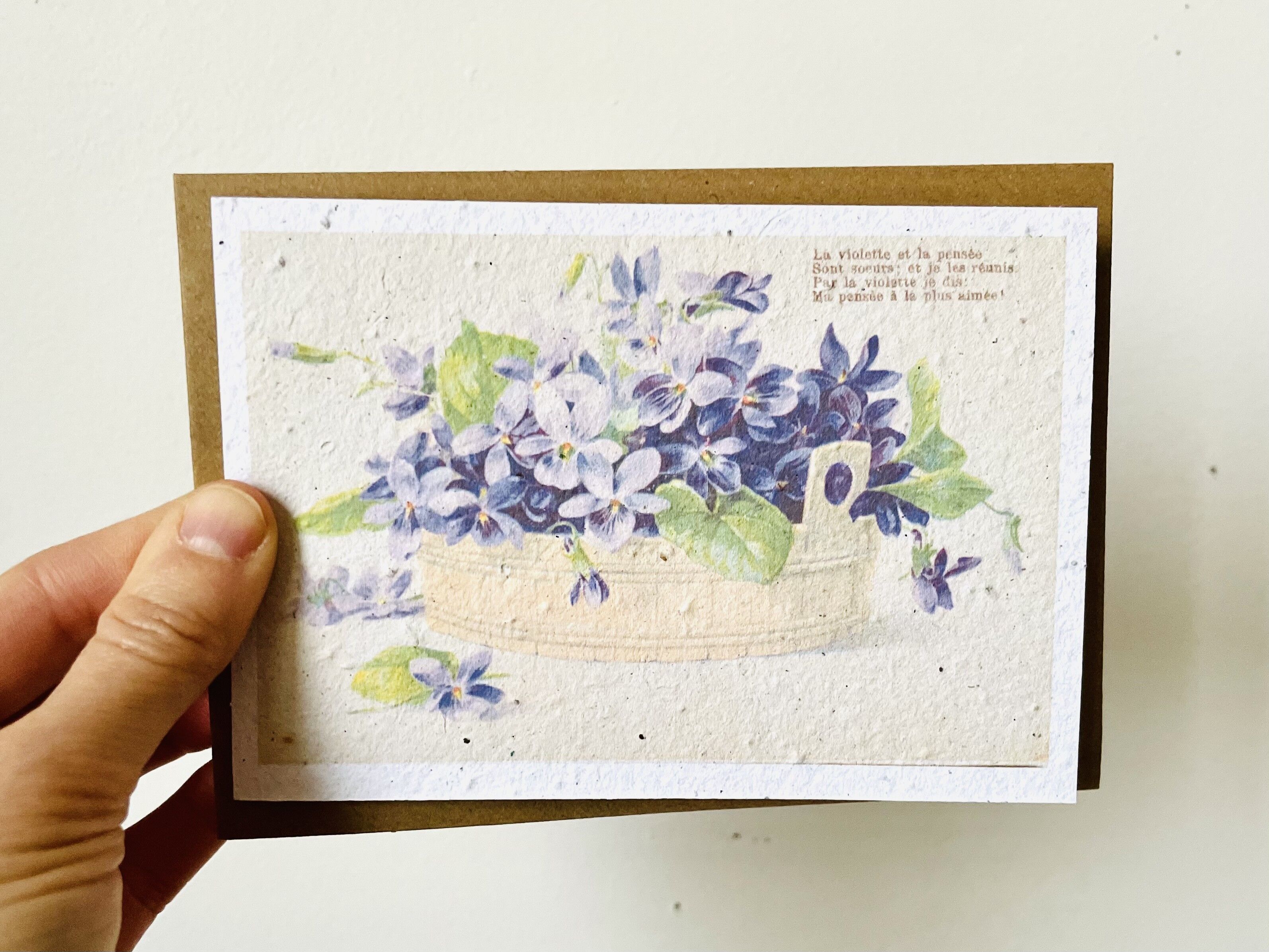 Tarjeta vintage para plantar con pensamientos y violetas