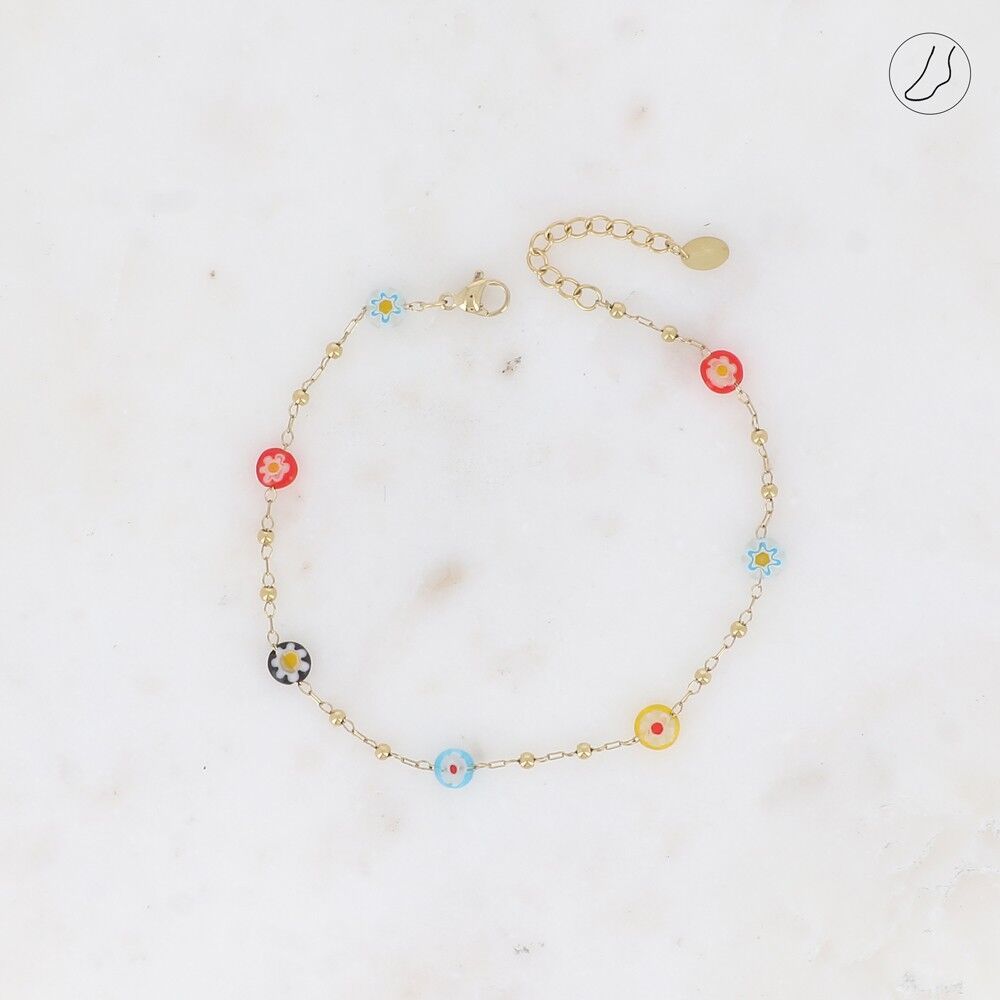Anklet - round beads with acetate flower motif