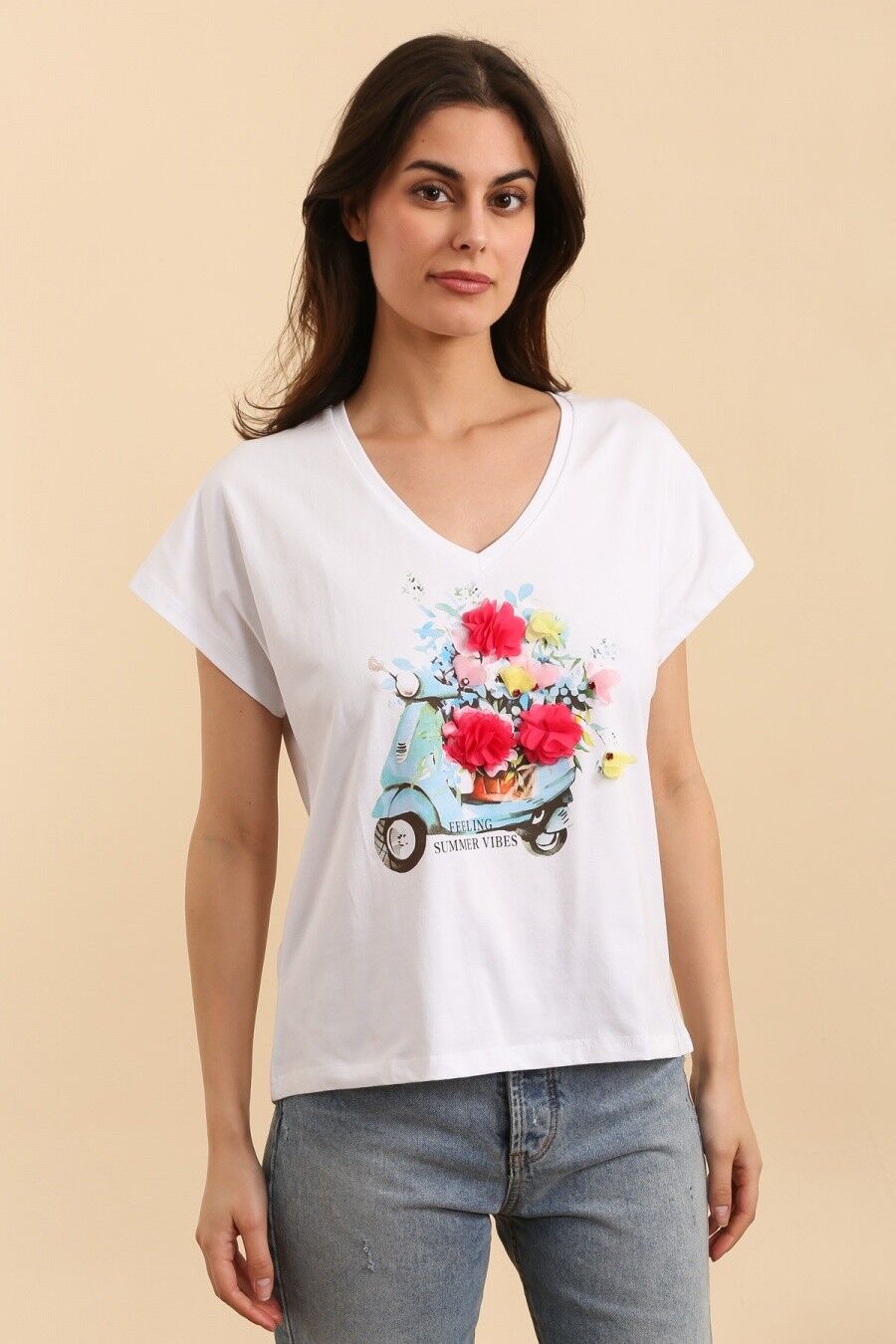 T-shirt in cotone con stampa floreale scooter