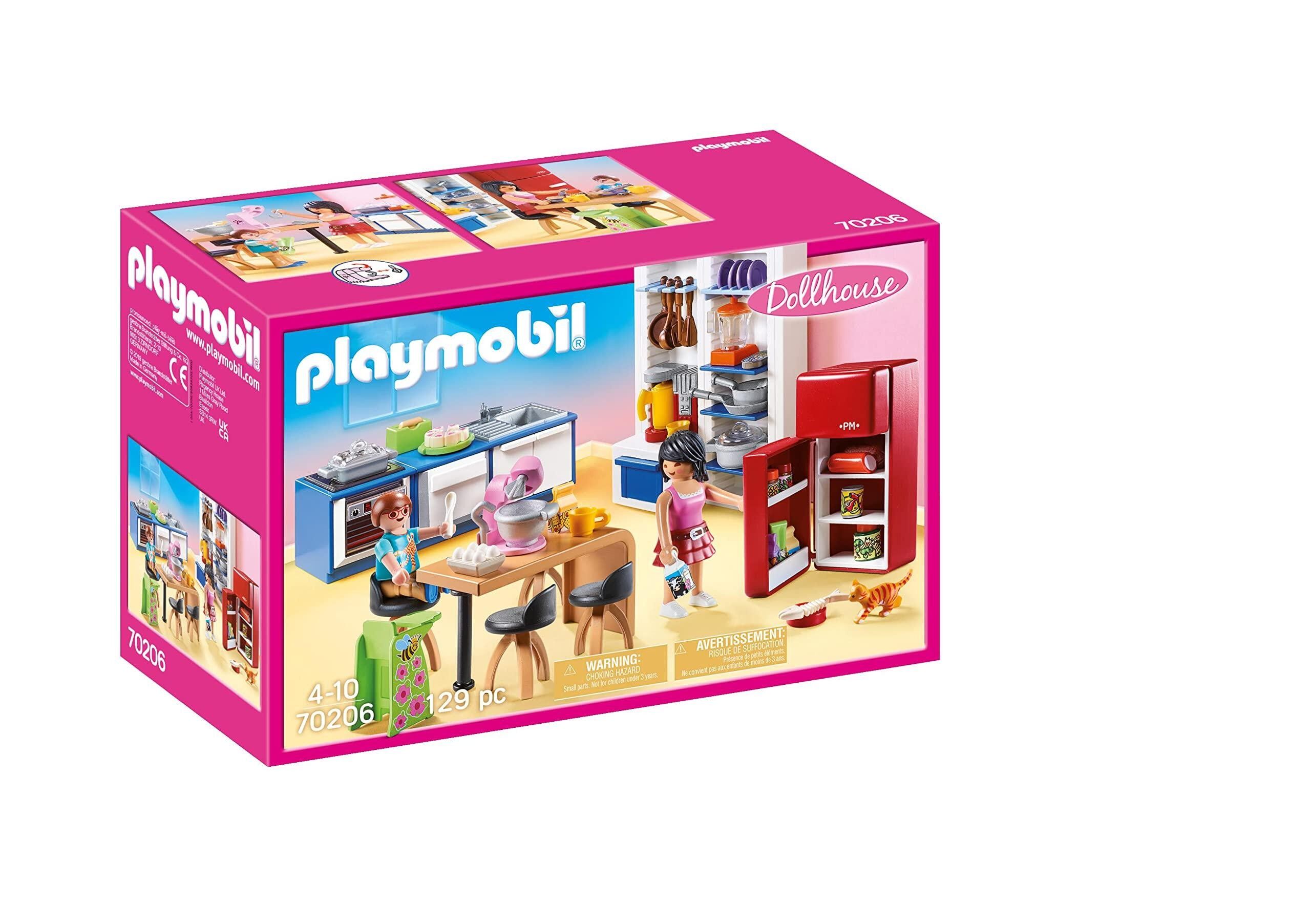 Playmobil 70206 Cocina familiar - Casa de muñecas - con dos figuras, utensilios de cocina y electrodomésticos - para amueblar la casa tradicional grande - A partir de 4 años