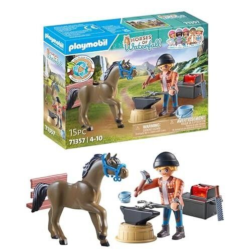 PLAYMOBIL 71357 Hufschmied – Pferde von Waterfall – Mit Ben-Figur, einer leichten Schmiede und einem Pferd.Im Durchschnitt zu über 80 % aus recycelten oder biologisch gewonnenen Materialien hergestellt. Ab 5 Jahren