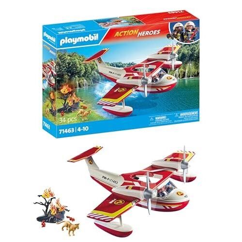 Playmobil 71463 Idrovolante con pompiere - Action Heroes - con personaggio, animali, aereo antincendio con funzione di estinzione e foresta in fiamme - Città e lavori - dai 4 anni in su