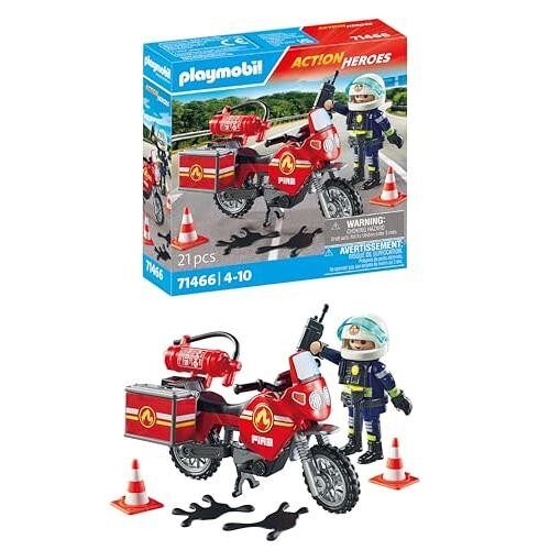 Playmobil 71466 Pompier et Moto - Action Hereos - avec Un Personnage, Une Moto équipée d'un extincteur, Une Boite à Bagages et des pylônes pour sécuriser la Zone - Ville & Métiers - Dès 4 Ans