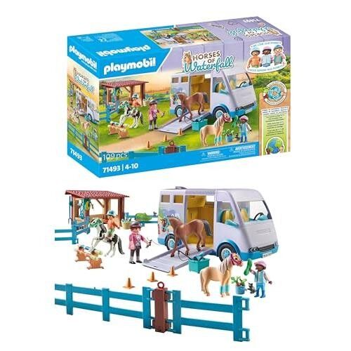 Playmobil 71493 Pferde- und Ponytransporter mit Gehege – Horses of Waterfall – Produktreihe Horses of Waterfall besteht im Durchschnitt zu über 80 % aus recycelten oder biologisch gewonnenen Materialien – Ab 4 Jahren
