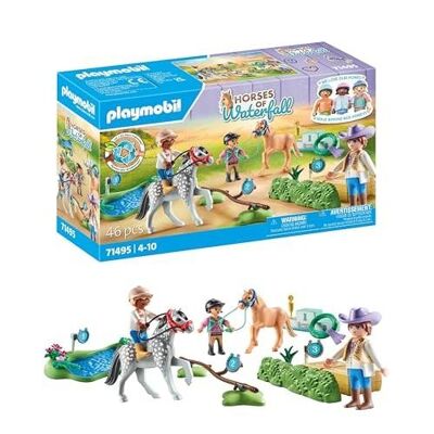 Playmobil 71495 Cavalieri con pony e salto ostacoli - Cavalli della cascata - Gamma Cavalli della cascata realizzata con oltre l'80% di materiali riciclati o di origine biologica in media - Dai 4 anni