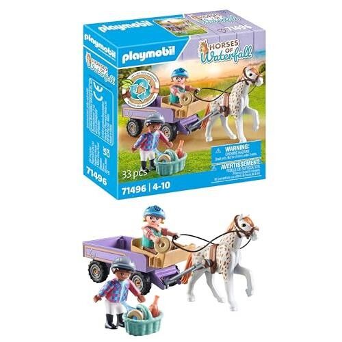 Playmobil 71496 Kinder mit Kutsche und Pony - Die Horses of Waterfall-Reihe besteht im Durchschnitt zu über 80 % aus recycelten oder biologisch gewonnenen Materialien - Das Universum der Horses of Waterfall - Ab 4 Jahren