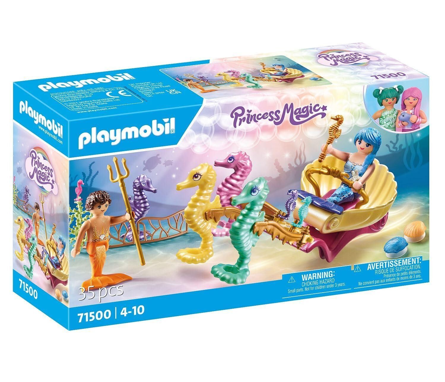 Playmobil 71500 Kutsche mit Meerjungfrauen und Seepferdchen – Prinzessinnenzauber – Enthält zwei Figuren, eine Kutsche, Muscheln zum Befestigen an der Badewanne und Seepferdchen – Ab 4 Jahren