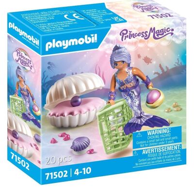 PLAYMOBIL 71502 Sirena con Concha y Perlas - Princesa Mágica - Incluye un personaje, una concha grande con forma de sillón, una concha que se fija a la bañera, perlas - A partir de 4 años