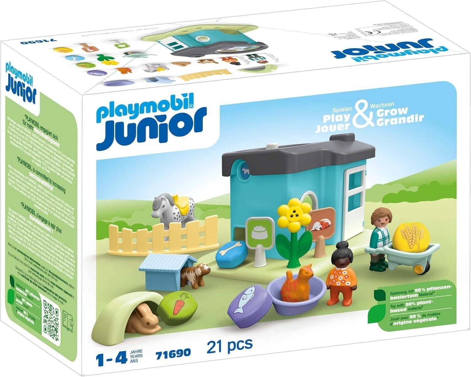 Playmobil 71690 Junior: Casa degli animali - Inclusi quattro animali domestici - Giocattolo realizzato con materiali di origine vegetale - Da 12 mesi