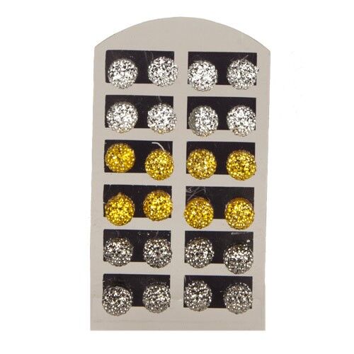 Juego: 12 pares de pendientes con bola de purpurina, 8 mm, color plata y oro