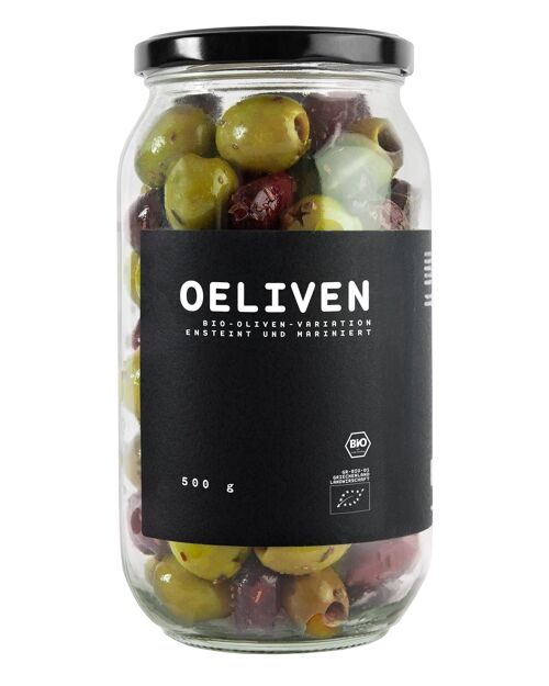 Bio Oliven Mix 500 g -  mariniert mit mediterranen Kräutern