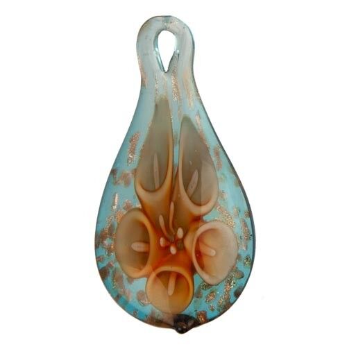 ciondolo in vetro fiore blu/arancione/oro 56x27mm