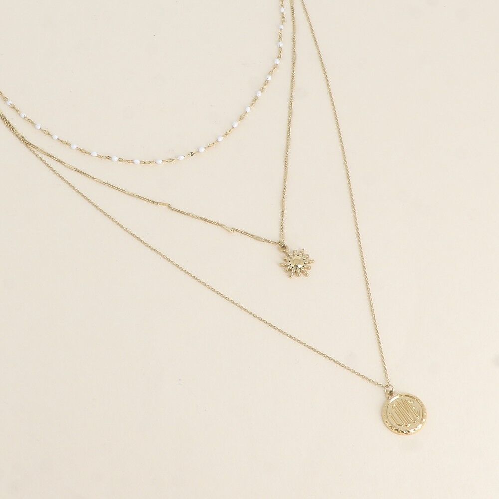 Collana - 3 file, maglia smaltata, medaglia LOVE e sole