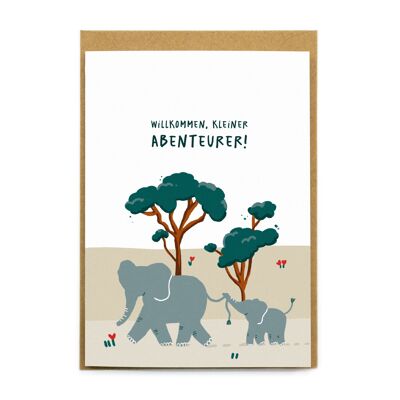 Tarjeta de felicitación de nacimiento, tarjeta para bebé (A6) - Pequeño aventurero - Para amantes del aire libre - Motivo de diseño propio en papel fino con certificación PEFC