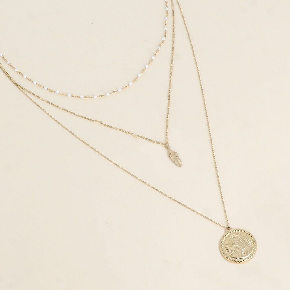 Halskette - 3 Reihen, emailliertes Netz, Feder und Medaillon der Madonna