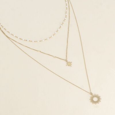 Necklace - 3 rows, enameled mesh, North star and milgrain sun