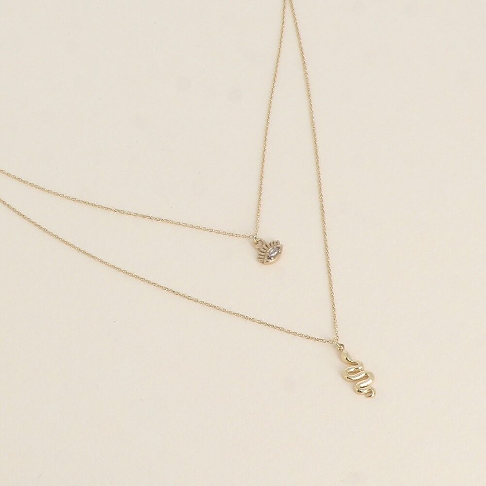 Necklace - 2 rows, eye pendants with crystal and snake