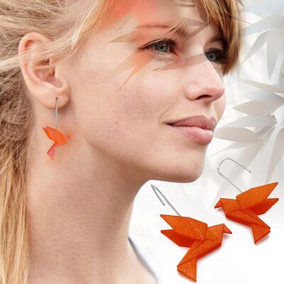 Pendientes colgantes de pájaro origami MANDARINE | Gancho de plata