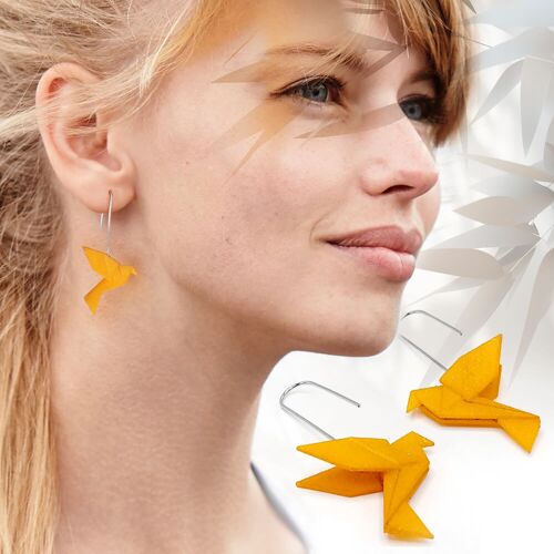 Boucles d'oreilles Pendantes Oiseau Origami CURRY-MOUTARDE | Crochet argenté