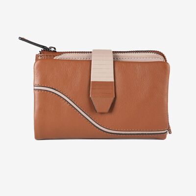 Portafoglio da donna in pelle, color cuoio, serie Line Leather. 14.5x09 cm