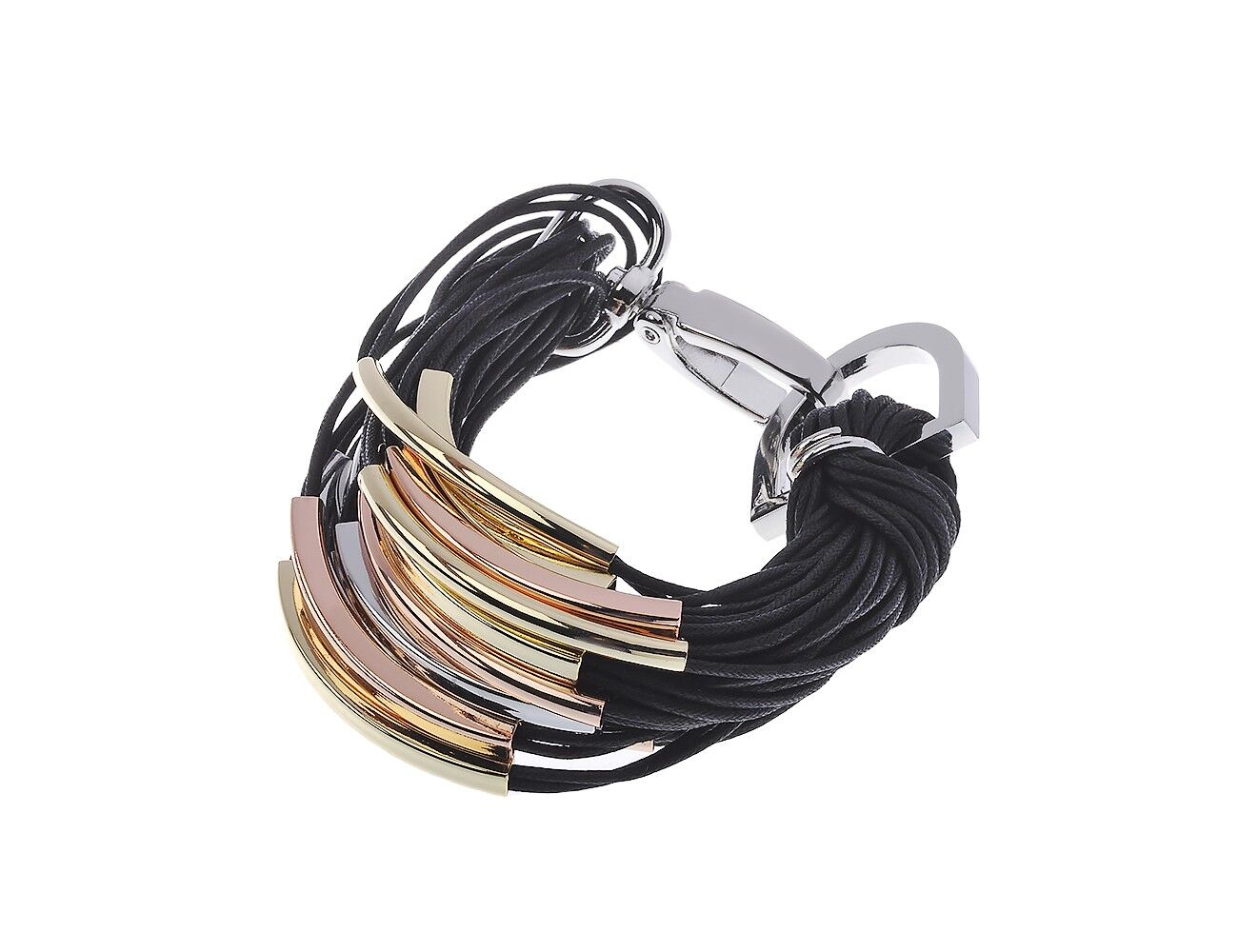 Multi Row Cord Bracelet With 3 Tone Metal Bars