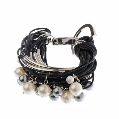 Black Multi Row Cord Bracelet With Pearls