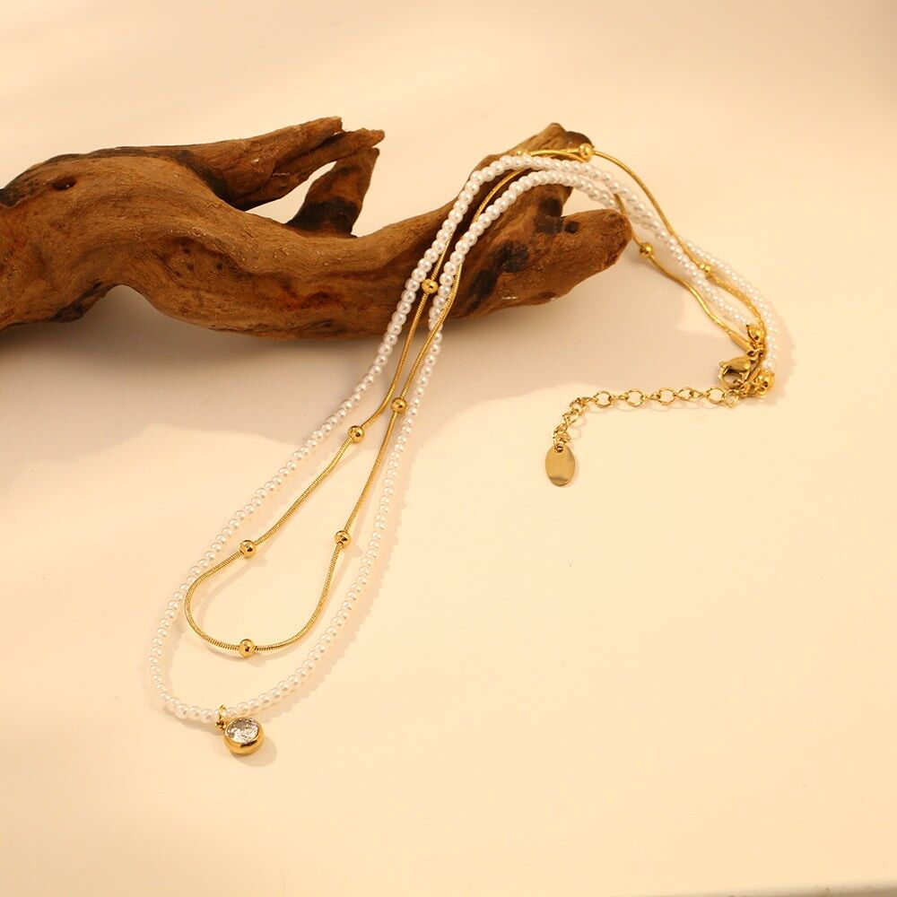 Gold Double Chain Necklace with Pearl and Rhinestone Pendant