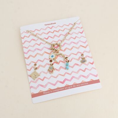 Collar con tarjeta CARPEDIEM y 6 colgantes (ojo de sol esmaltado y cuerno)
