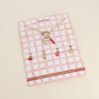 CON AMOR Tarjeta Collar y 6 colgantes (corazón acanalado y piedras naturales)