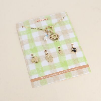 CON AMOR Tarjeta Collar y 6 colgantes (corazón brillante y perla de agua dulce)