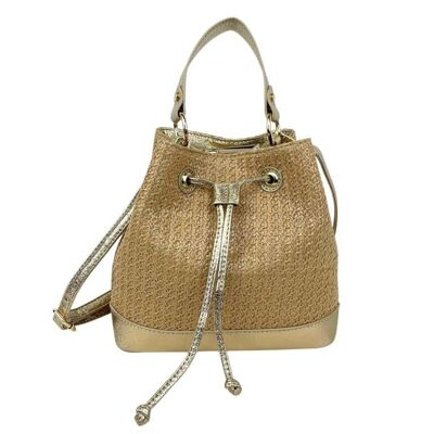 Bolso de Mano Sintético tipo Bucket con Efecto Brillante, Cierre de Cuerdas y Cremallera Mujer
