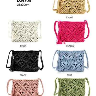 Sac à bandoulière en coton et crochet pour femme avec longue poignée et compartiment intérieur