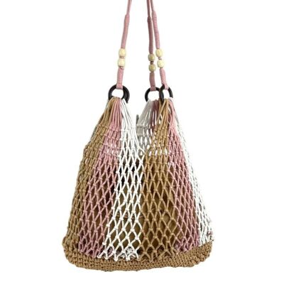 Women's Cotton and Crochet Shoulder Bag with Long Handles and Inner Sack