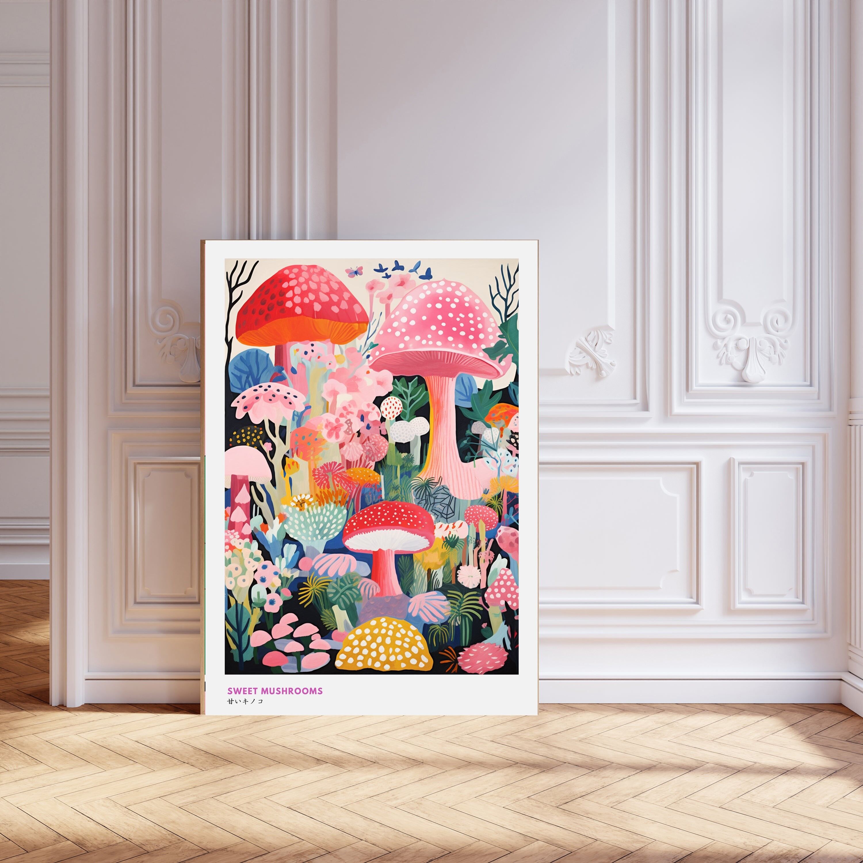 Stampa artistica di funghi dolci rosa giapponesi