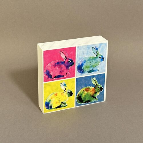 Kleines Holzbild "Pop Hare Quartett" aus Kiefernholz 10,2 x 10,2 x 2,5 cm