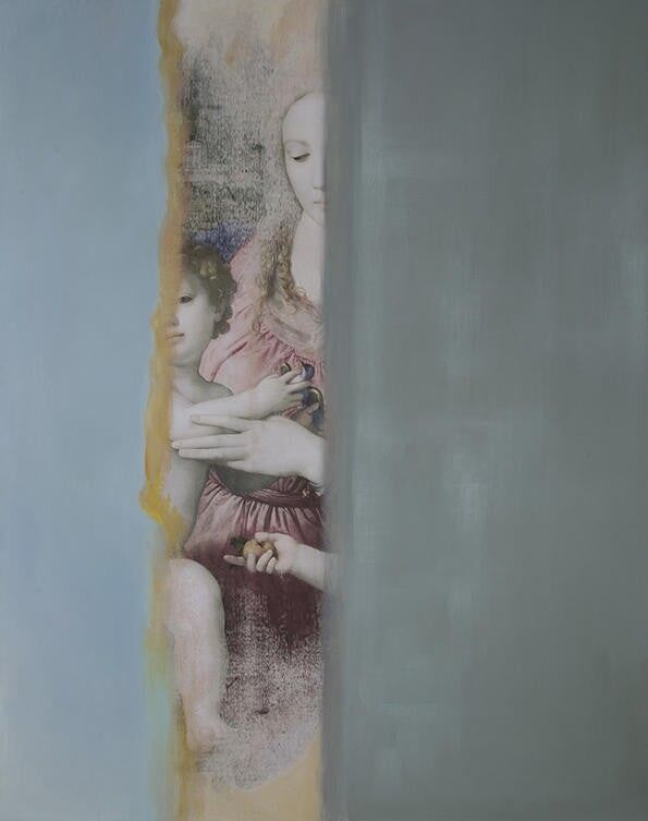 Uccello blu con mandarino (pittura originale tecnica mista)