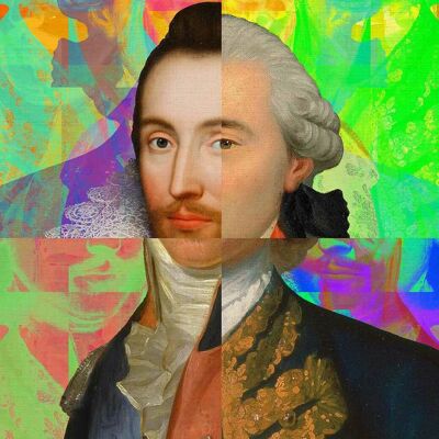 Portrait d'un gentleman perplexe, veste bleue et dorée