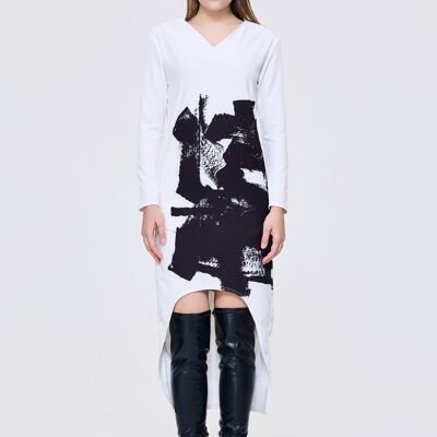 Robe blanche à manches longues avec imprimé abstrait asymétrique