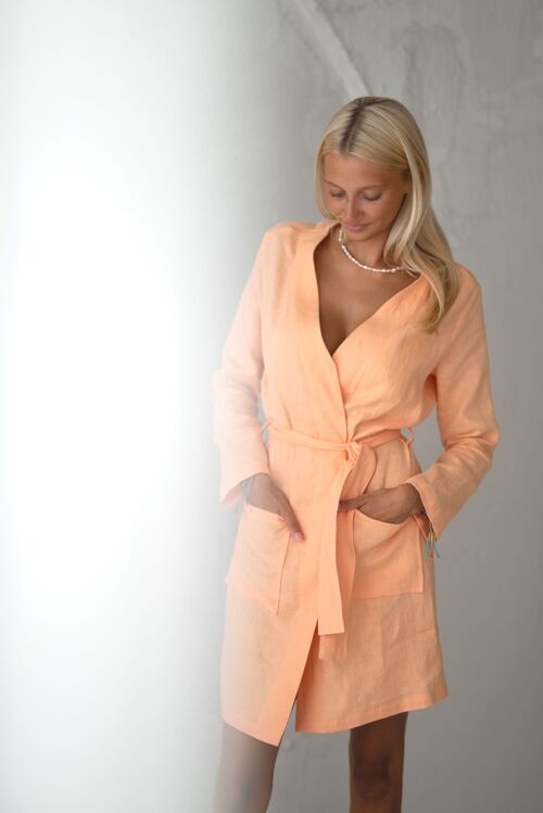 Linen bathrobe BL024 in PEACH color