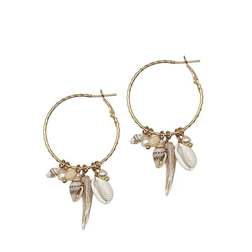 Multi Shell Charm Drop Hoop Earrings