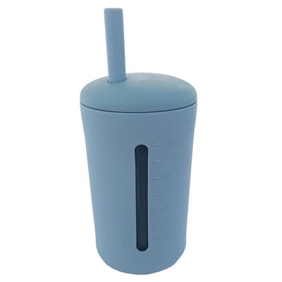 Gobelet avec paille en silicone 200 ml bleu pierre