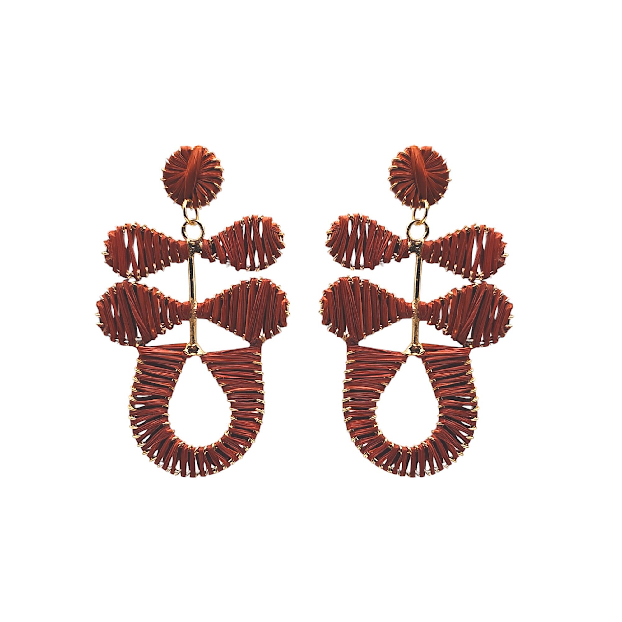Orecchini pendenti a doppia foglia e a metà ovale in rafia ruggine
