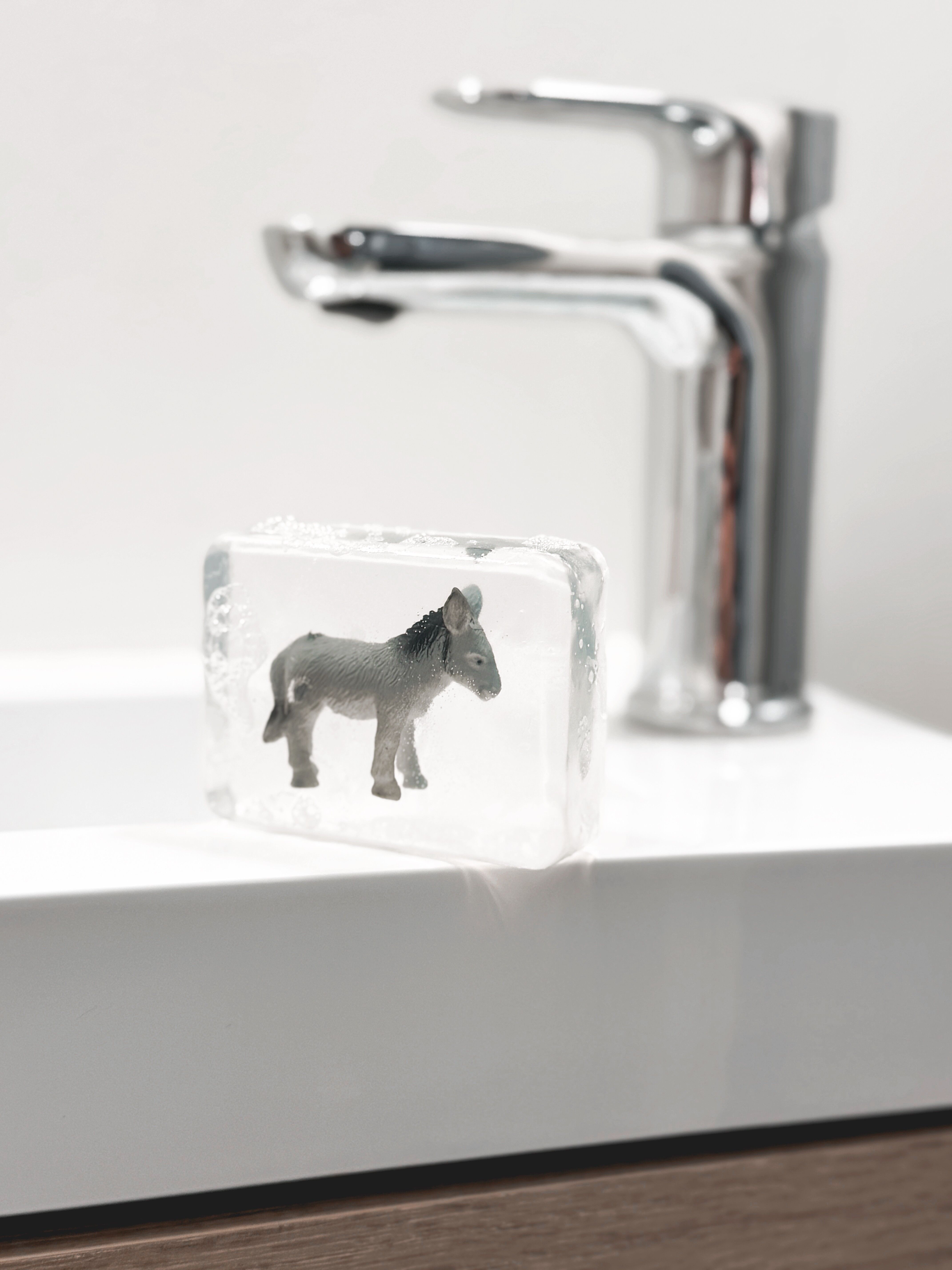 Sapone trasparente fatto a mano con figurina di asino